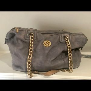 Tory Burch Gray Suede Bag with Gold Chain
